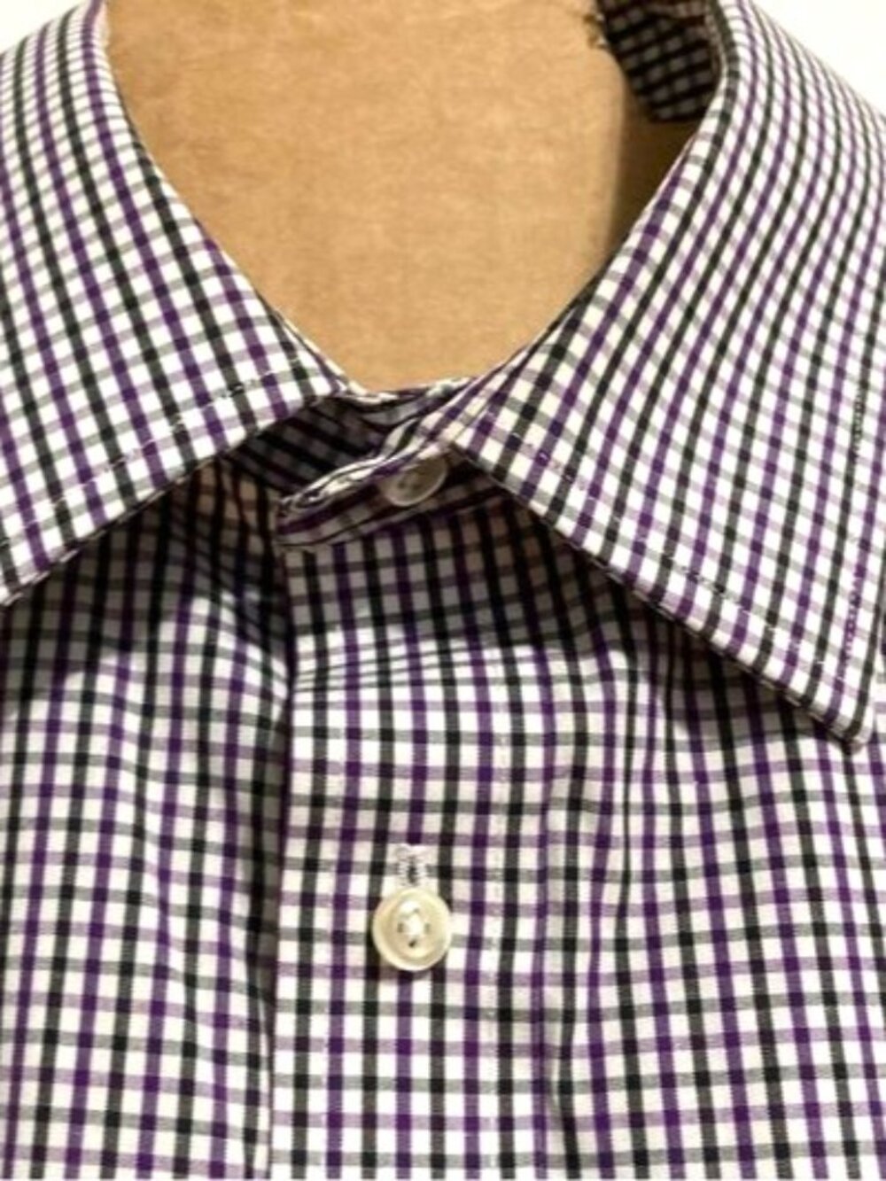 Lands End White Purple Black Gingham Cotton Button Down Long Sleeves Men 16.5